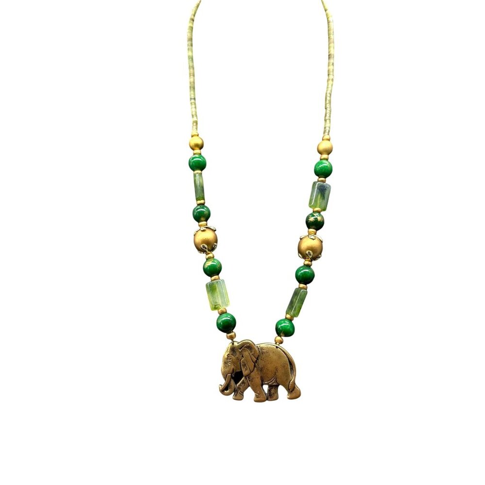Beads Green Ethnic Engraved Elephant Pendant Y Drop Necklace Brass Tone